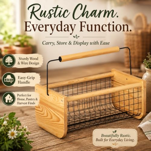 Gardenised Vintage Harvest Basket Pine Wood & Metal Mesh Wire Design Wood...