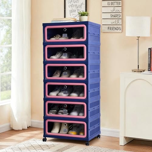 SAYMA Foldable Shoe Rack Organizer, Collapsible Shoe Cabinet with Magnetic Clear Door, Large Plastic Folding Shoe Cabinet, Easy Assembly Shoe Shelves Organizer for Entryway, 6 Tiers-12Pairs