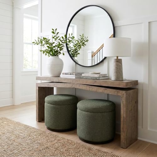 Round Storage Ottoman, 20" Boucle Ottoman Foot Rest Stool (Green)