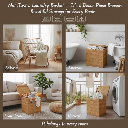 Rectangular Woven Laundry Basket with Lid, Handwoven Natural Autumn Rattan De...