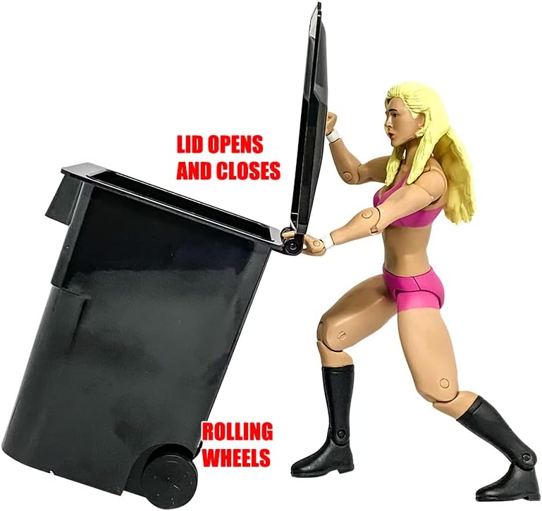 Mini Black Trash Can with Lid & Wheels for Wrestling Action Figures | Add Backstage Detail with a 4.25-Inch Black Trash Can Featuring an Opening Lid, Front Handle and Rolling Wheels