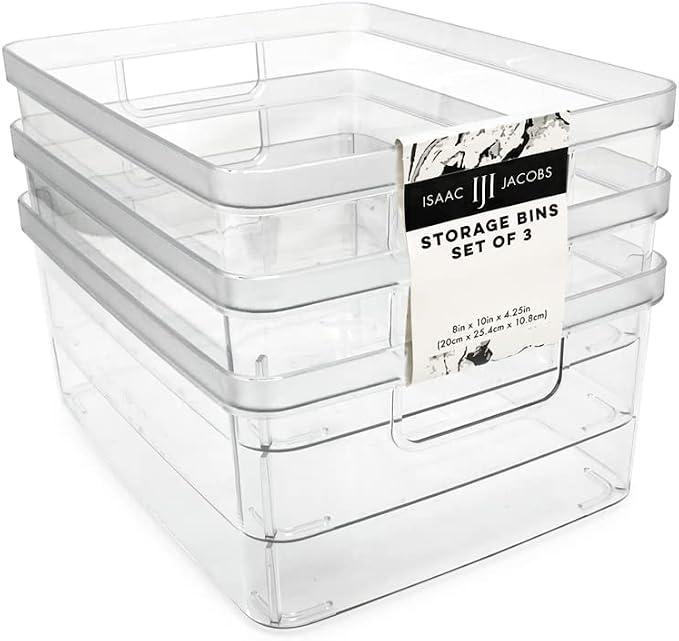 Isaac Jacobs 3-Pack Medium Clear Storage Bins w/Cutout Handles, Plastic by IsaacJacobs