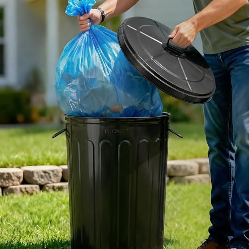 Plexon 20 Gallon Metal Trash Can with Lid Outdoor Large Trash Bin Steel Garbage Can for Garage Patio Farmhouse Bucket Bird Seed Storage Can Heavy Duty Round Container, Black