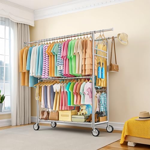 Heavy Duty Clothes Rack Load 1060LBS, Four Rods Rolling Clothing Racks for Ha...
