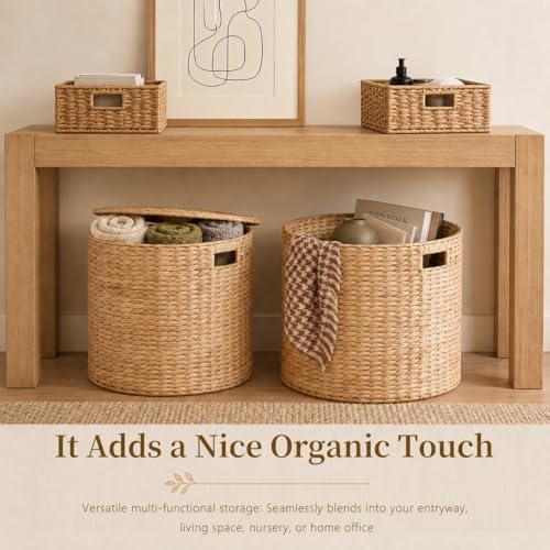 Round Water Hyacinth Storage Ottoman with Lid