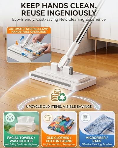 Hands Free Multi Purpose Flat Mop One Click Mini Snap Grip Easy Tap Disposable Multifunctional Lazy Clamp Dust Wall Bathroom Mop System Using Any Cloth Attachment Changing for Floor(53.1in Set)