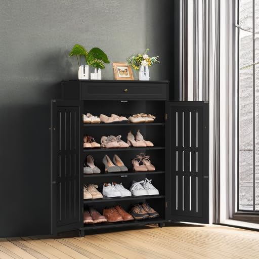 Yaheetech Tall Shoe Cabinet with Drawer & Doors for Entryway, 5-Tier Black