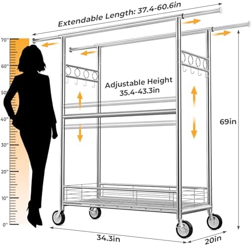 Heavy Duty Clothes Rack Load 960LBS, Three Rods Rolling Clothing Racks for Ha...