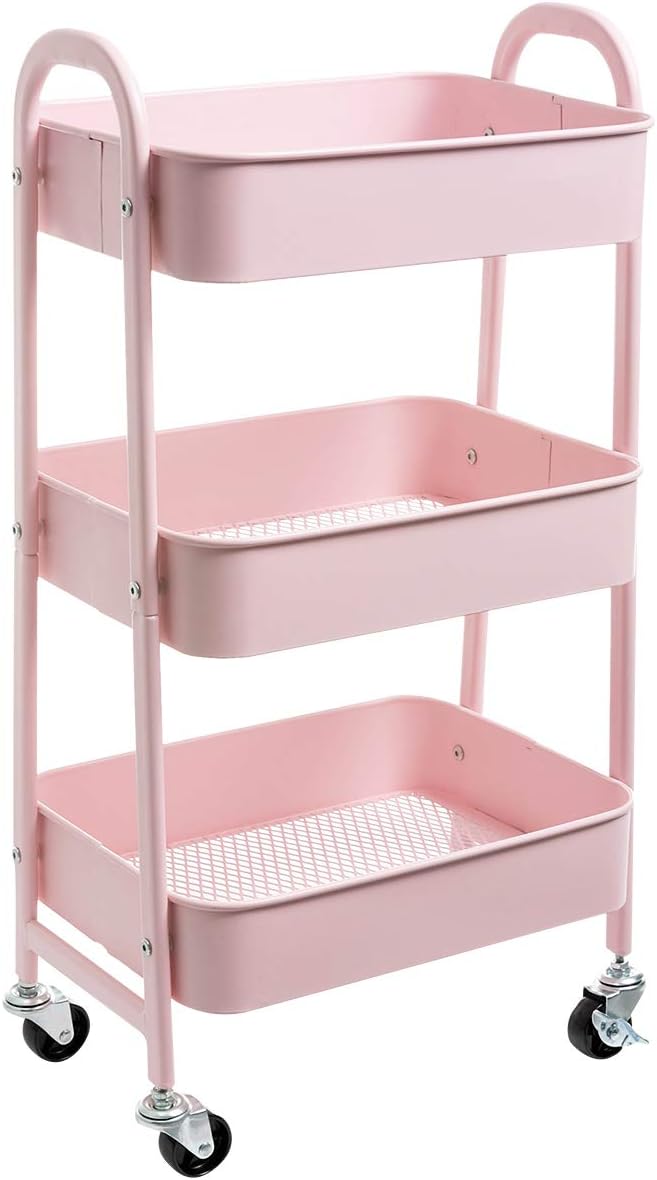 AGTEK Makeup Cart, Movable Rolling Organizer Cart, 3 Tier Metal Utility Cart by AGTEK