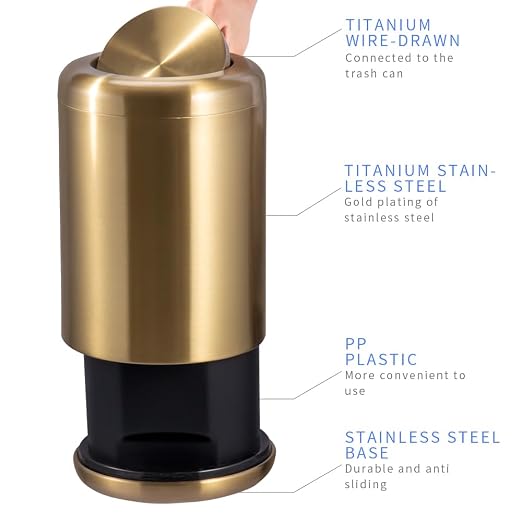 Waste Can 3 Gallon with Swing Lid，Brushed Stainless Steel Gold Trash Can，Metal - Image 8