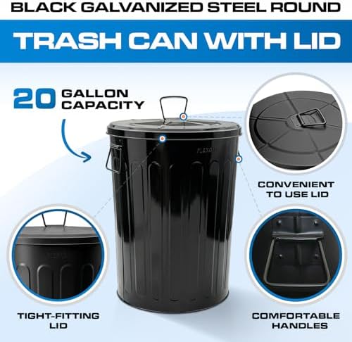 Plexon 20 Gallon Metal Trash Can with Lid Outdoor Large Trash Bin Steel Garbage Can for Garage Patio Farmhouse Bucket Bird Seed Storage Can Heavy Duty Round Container, Black