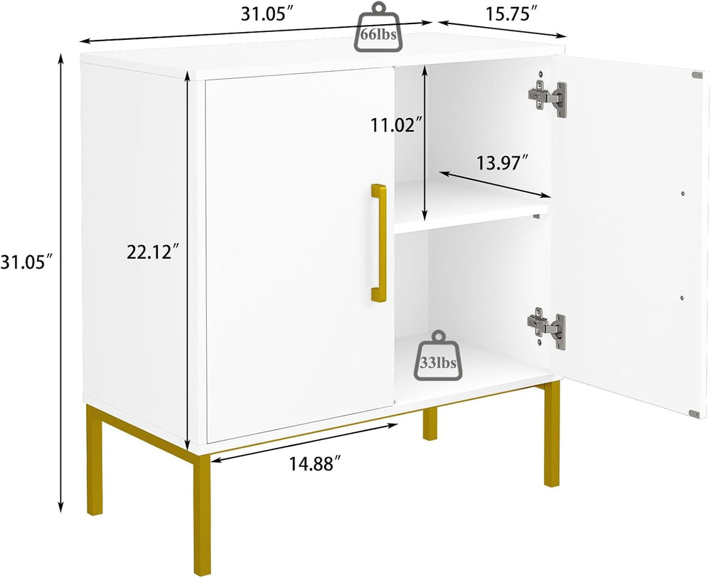 3 Set of Storage Buffet Cabinet with Gold Handles and Metal Legs, White丨Frees...