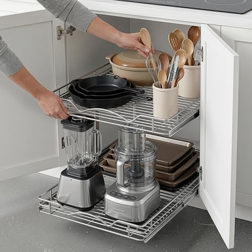 2-Tier Pull-Out Cabinet Organizer for Kitchen, 26"W x 21”D x 16.5"H