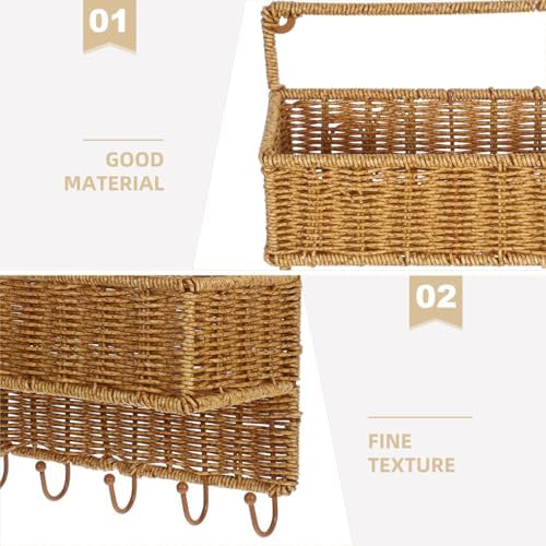 Angoily Woven Wall Mount 2-Tier Storage Sorter Basket with 5 Hooks Rattan Han...
