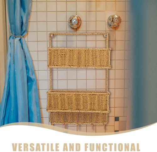 Angoily Woven Wall Mount 2-Tier Storage Sorter Basket with 5 Hooks Rattan Han...