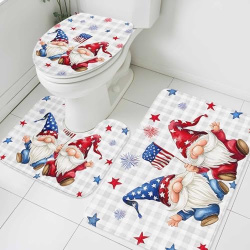4th of July Bathroom Rugs and Mats Sets 3 Piece Patriotic Stars Gnomes Bath Sets Non Slip Bath Rug Set with U Shape Rug Fireworks Grey Buffalo Plaid Contour Toilet Rug for Bathroom Floor Large Size