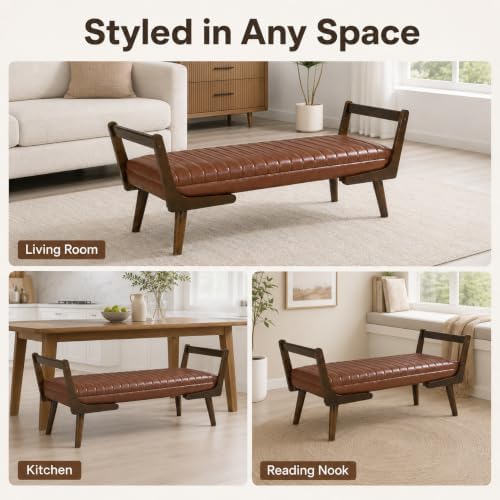 52" Upholstered Bench, Brown Faux Leather, Walnut Legs