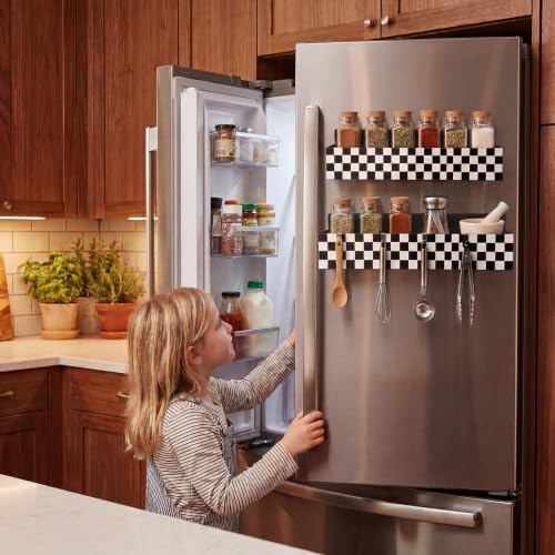 Beeveer 2 Pcs Magnetic Spice Rack for Refrigerator, Checkered | Black and White, Farmhouse Retro Kitchen Decor Accessories, 2 Sizes Metal Storage Shelf for Fridge Spices, No Drilling.