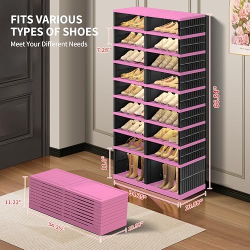 CIMLORD 9-Tier Foldable Shoe Rack Organizer with Door, 36 Pairs, Black-Pink