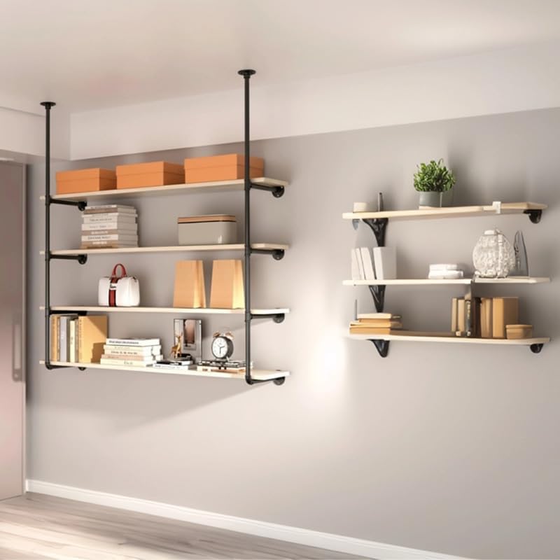 Industrial Pipe Shelving System with 4 Tiers, Black Iron Wall Mount, Floor to...