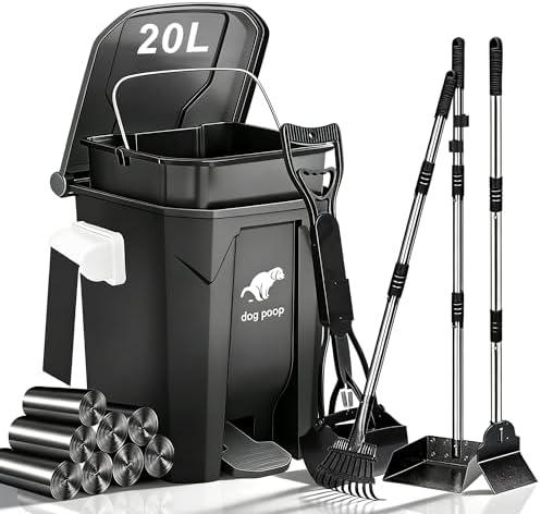 Dog Poop Trash Can Outside - 20L/5Gal Pooper Scooper Sets and Spade, Black | Outdoor Trash Can with Lid, Inner Bucket, Dog Poop Scooper Set, Metal Tray, Rake and Spade, 100 Trash Bags & Storage Box