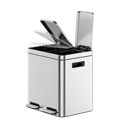 2 x 4 Gal Trash Can, Stainless Steel Triple Compartment Step-On Recycling Bin - Image 2