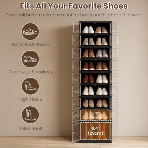 9 Tier Foldable Shoe Rack, Plastic Shoe Storage Cabinet with Clear Doors