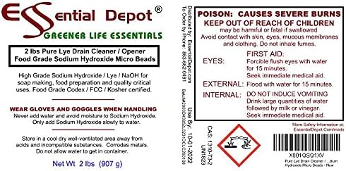 Essential Depot Pure Lye Drain Cleaner/Opener, 2 lbs. Food Grade Sodium Hydroxide Micro Beads - HDPE container with Resealable Child Resistant Cap