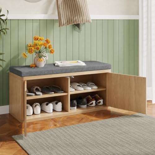 Shoe Bench with Cushion & Push-Open Doors,Double-Layered Storage,Oak