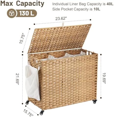 Laundry Hamper with Wheels, 34.3 Gallon(130L) Rolling Laundry Basket with Lid...