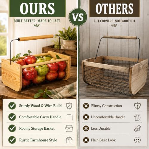 Gardenised Vintage Harvest Basket Pine Wood & Metal Mesh Wire Design Wood...