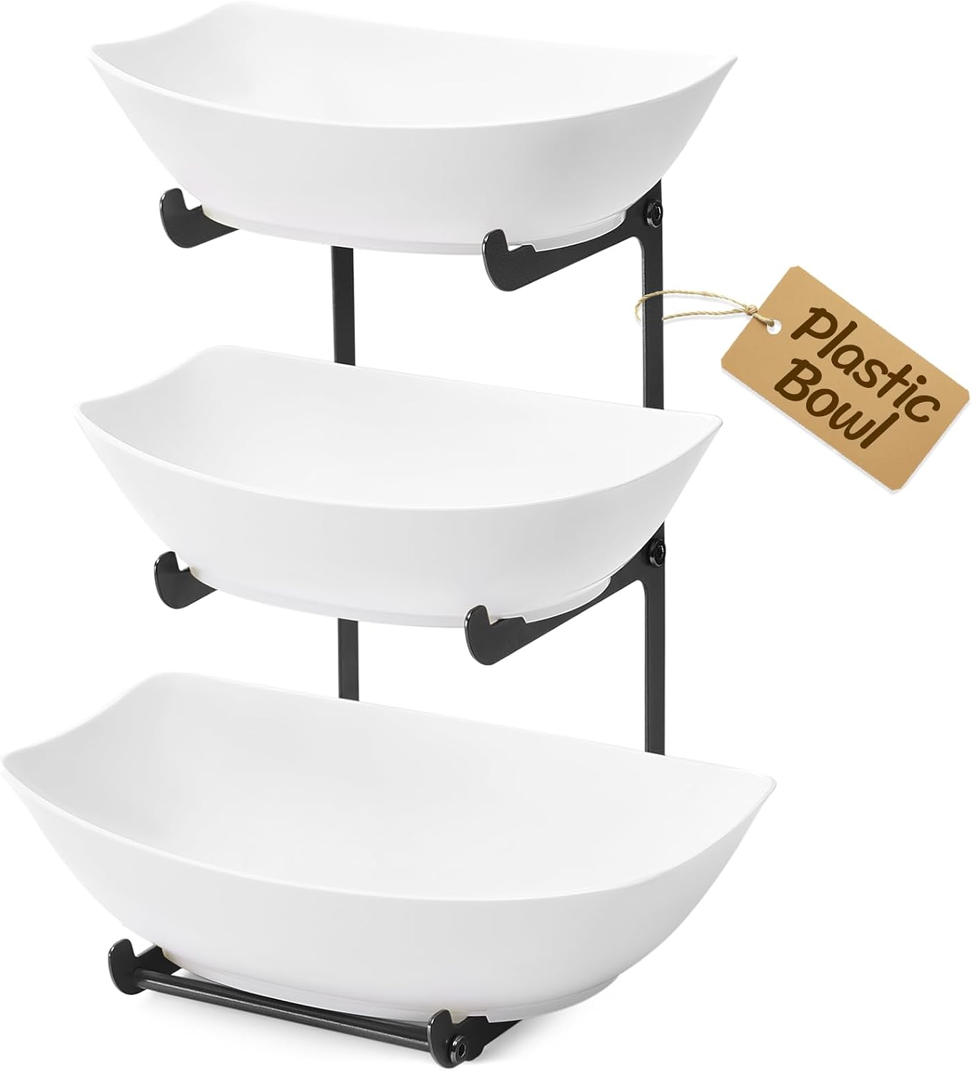 Lifewit 3 Tier Fruit Bowl for Kitchen Counter, Tiered Plastic Serving Tray | Fruit Holder with Black Metal Stand for Countertop, Tiered Serving Platters for Vegetables, Cakes, Parties & Buffets Display