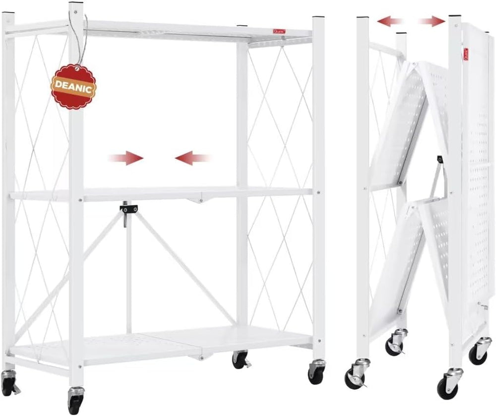 DEANIC 3 Tier Foldable Storage Shelves with Wheels, Kitchen Appliance Stand, ...