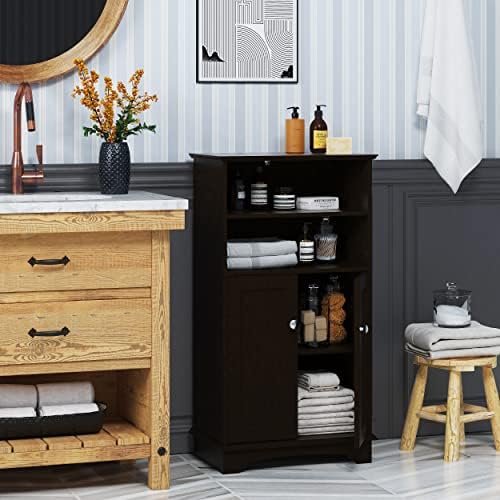 Spirich Small Bathroom Storage Cabinet with Doors & Open Shelves, Espresso