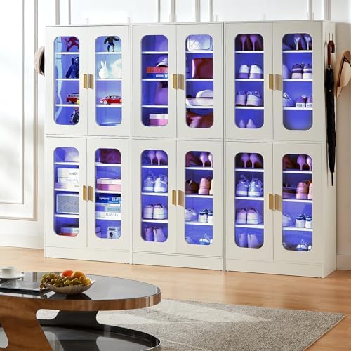 Cyclysio Tall LED Shoe Cabinet with Adjustable Shelves, White