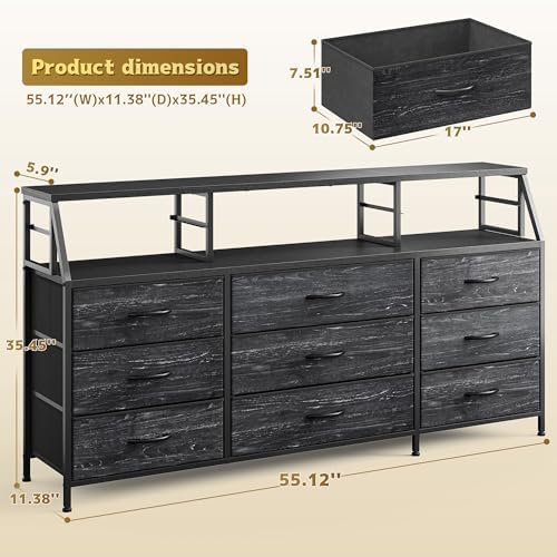 Homkdom Black Dresser for Bedroom with 9 Fabric Drawers & Display Top Shelf