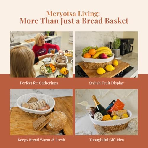 Bread Basket with Warmer – Woven Bread Basket with Terracotta Warming Stone, ...