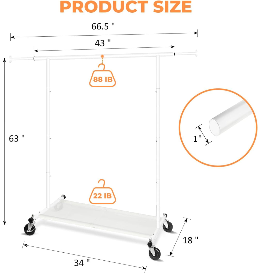 Fishat 63" H Heavy Duty Simple White Rolling Clothing Garment Rack