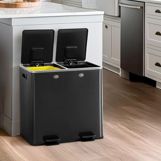 CAPHAUS Black Dual Trash Can w/Double Lid, Trash & Recycle Bins Combo, by CAPHAUS