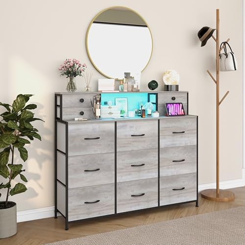 Grey Dresser with Power Outlets and LED Lights 13 Drawers Long Dresser for Be...