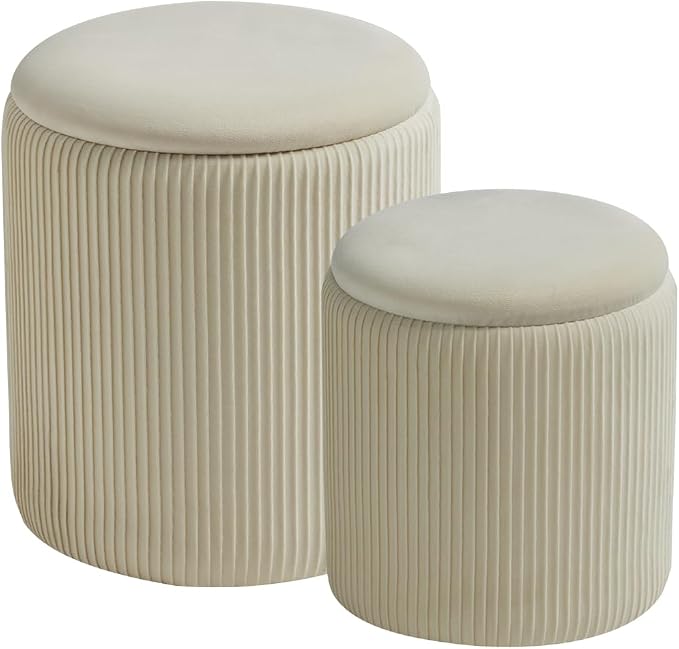 Round Set of 2 Ottoman with Storage-Upholstered Velvet Vanity Stool by HomePage