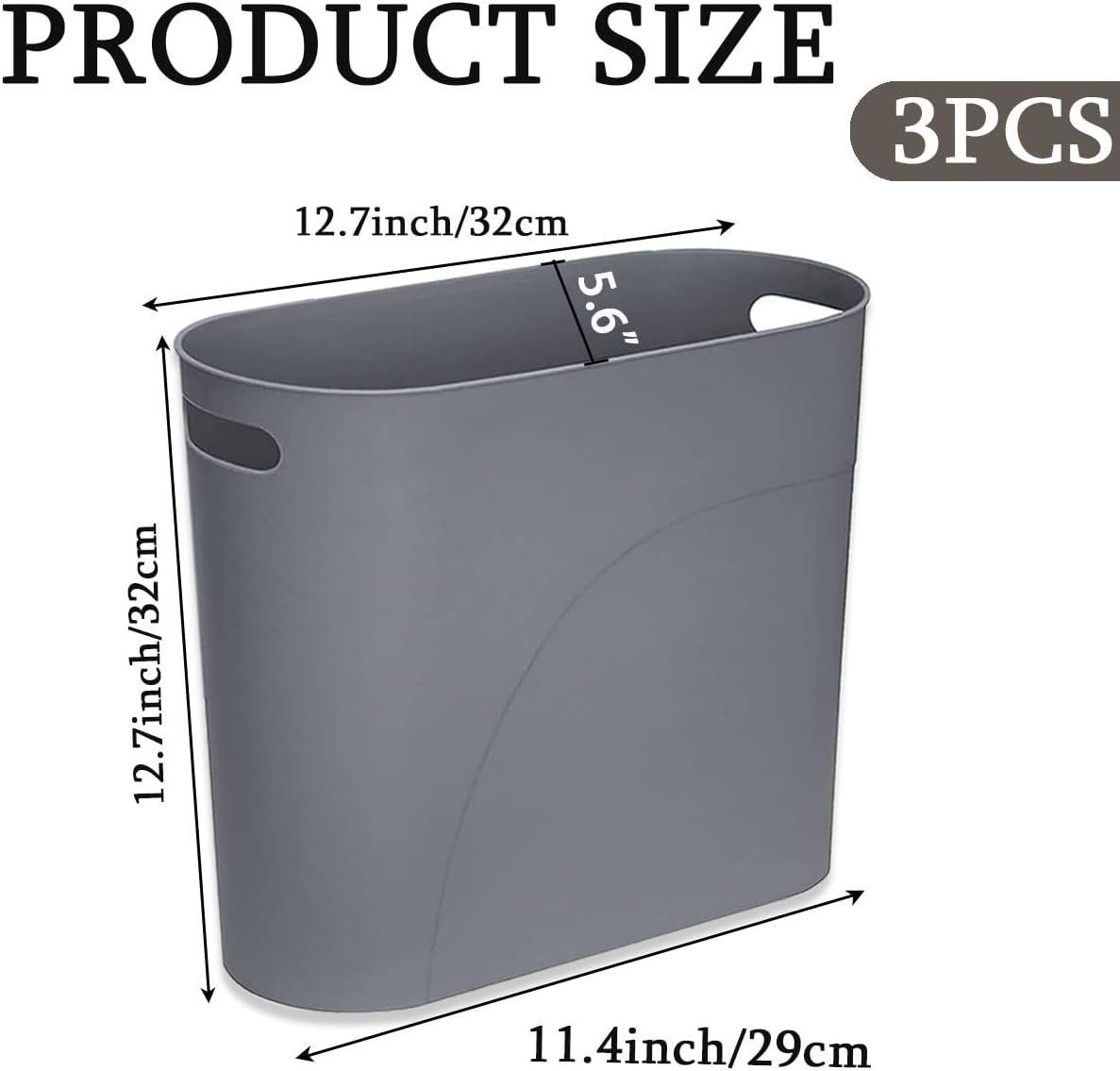 3 Pack Bathroom Trash Can, 3.2 Gallon Slim Waste Basket, Plastic Bathroom Wastebasket Slim Garbage Can for Narrow Spaces Bathroom Bedroom Kitchen Office at Home, Grey