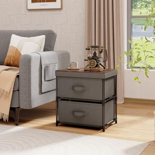 GIANTEX Nightstand with 2 Fabric Drawers, Small Storage Dresser with Metal Fr...