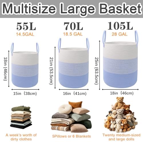 105L Extra Large Laundry Basket, Clothes Hamper with Handles- Blue