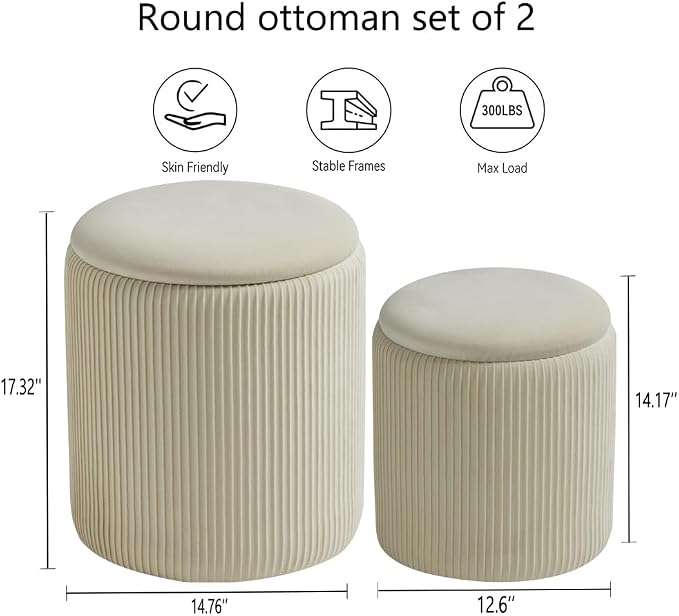Round Ottoman with Storage Set of 2-Upholstered Velvet Vanity Stool - Image 2