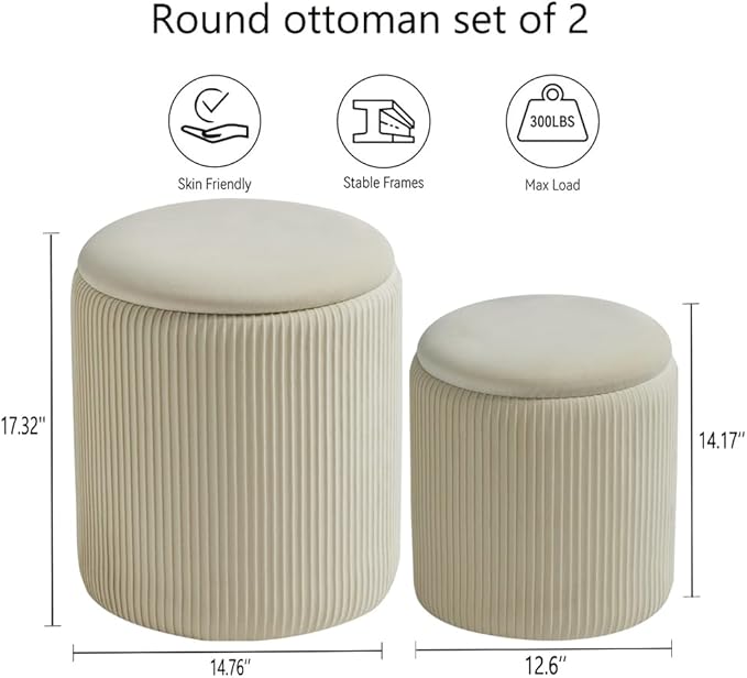 Round Set of 2 Ottoman with Storage-Upholstered Velvet Vanity Stool - Image 3