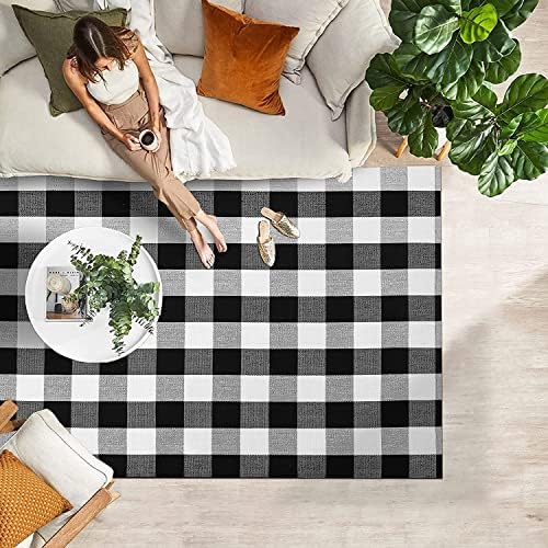 4x6 Buffalo Plaid Outdoor Rug, Washable Front Porch, Black White | Woven cotton checkered outdoor rug for porches and entryways, black and white washable decor for indoor outdoor use