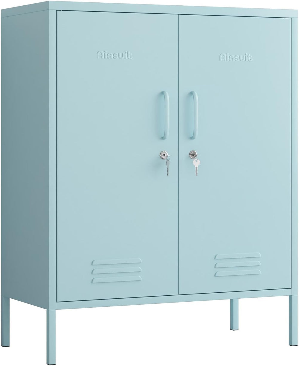 Blue 2-Door Lockable Metal Storage Cabinet, Heavy Duty 3-Tier Tall Locker wit...