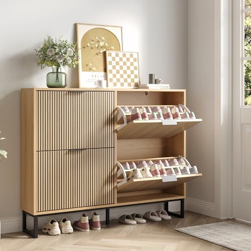 Modren Shoe Cabinet with 4 Flip Drawers and Metal Legs, Walnut丨Narrow Wood Sh...