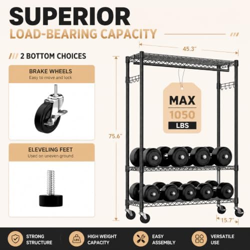Heavy Duty Garment Rack with Lockable Wheels, 1050lbs Rolling Clothing Rack 3...